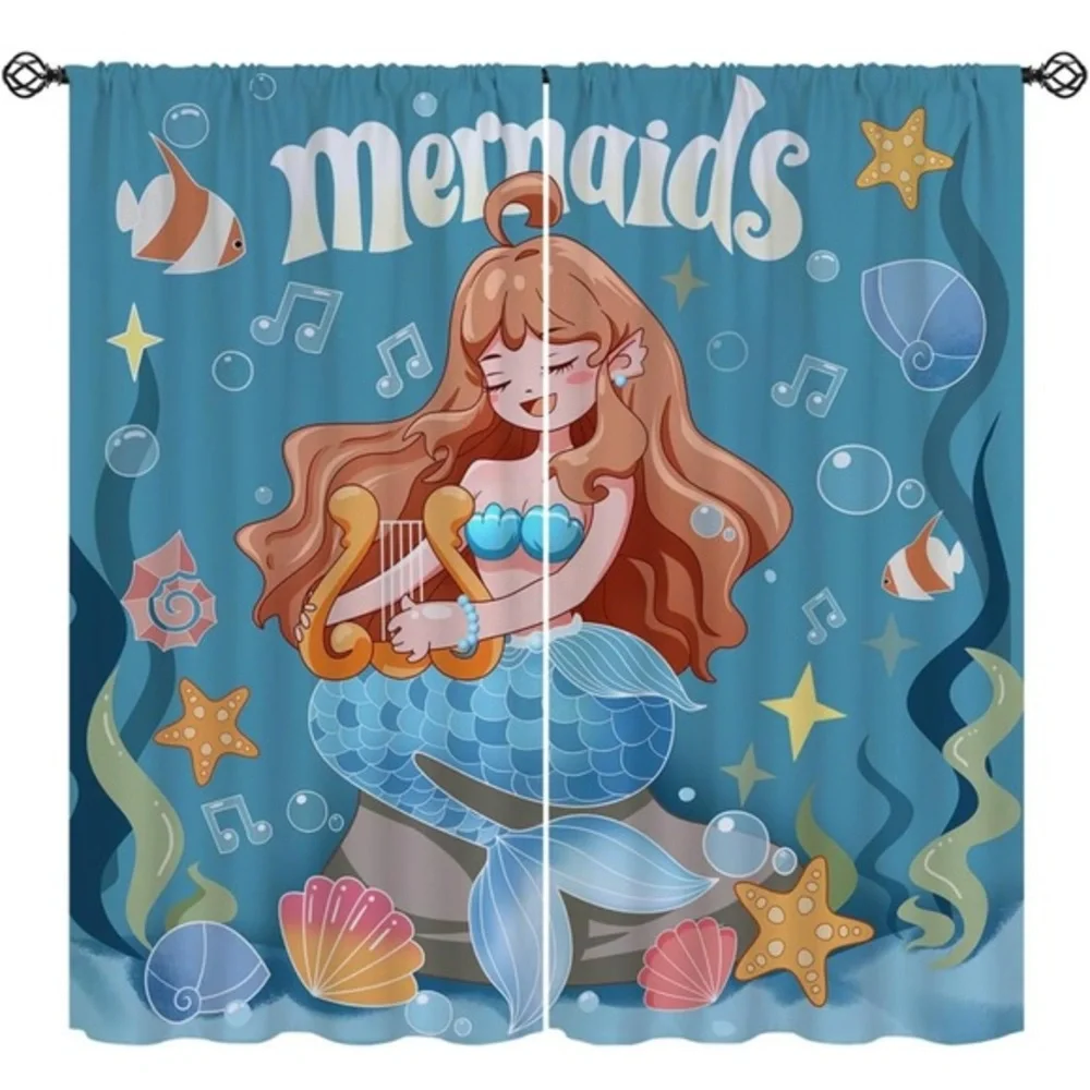 Mermaid Cartoon Ocean Princess Starfish Fish Shell themed curtain panels 45x45